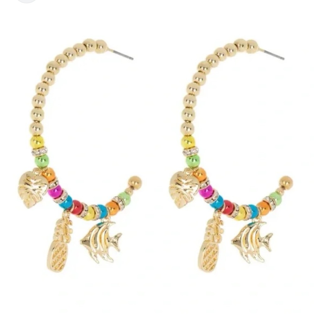 Baublebar Beaded Tropical Gold Tone Hoop Earrings Summer Fish Pineapple Charms - Picture 5 of 11